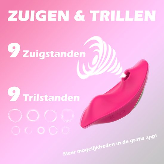 Roze clitoris stimulator met 9 zuig- en 9 trilstanden. Tekst: Zuigen & Trillen.