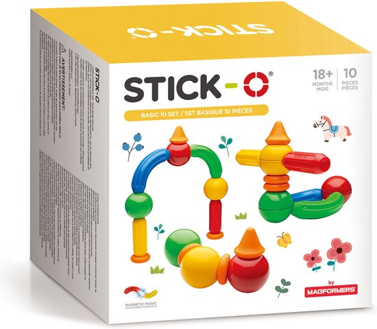 Doos van Stick-O Basic 10 set met afbeeldingen van opgebouwde magnetische speelgoedfiguren.