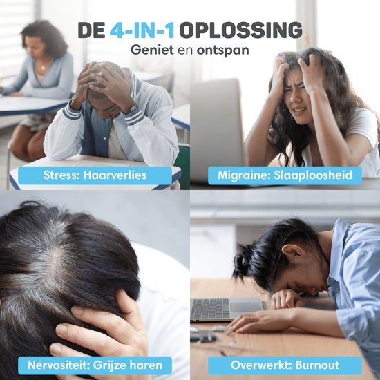 Collage met vier afbeeldingen: stress, migraine, nervositeit en overwerkte personen.