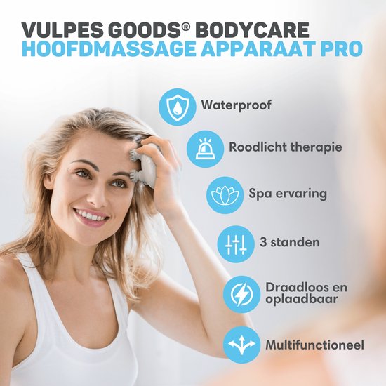 Lachende vrouw gebruikt witte hoofdmassager. Iconen tonen waterdicht, rood licht, spa, 3 standen, draadloos, multifunctie.