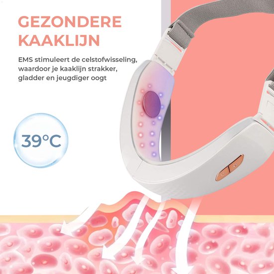 Wit kaaklijnapparaat met grijze band, toont blauwe en roze LED-lichten en een 39°C indicatie voor een strakkere kaaklijn.