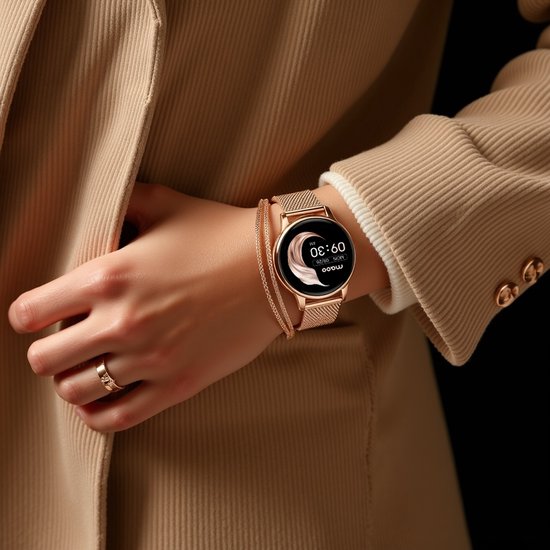 Maoo Ventura AMOLED Smartwatch Dames - RVS en 4x Siliconen Bandje - Stappenteller - Hartslagmeter - Slaapmonitor - Multisport - Geschikt voor Android en iOS - Rosé Goud en Roze