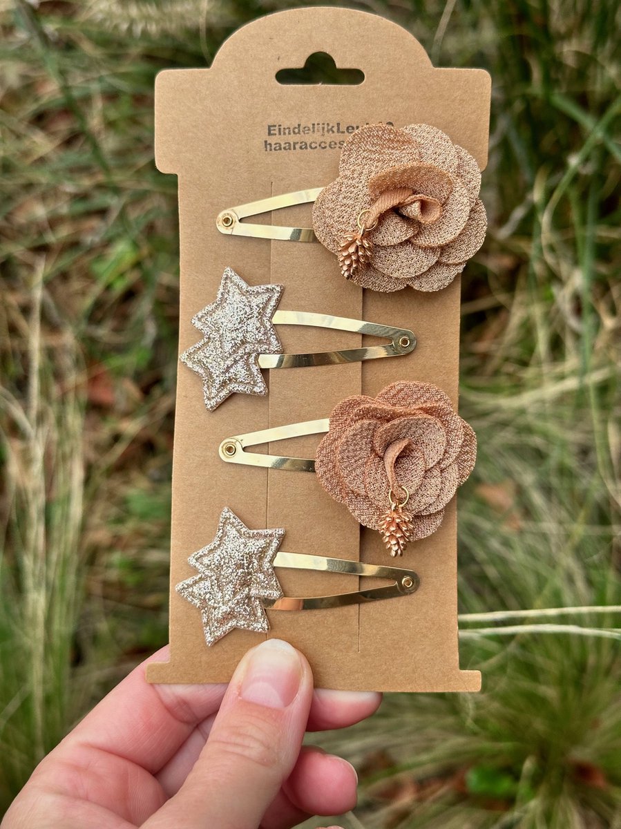 Haarspeldjes voor meisjes - Haaraccessoires meisjes - Haarspeldjes voor meisjes en baby's - Haarknipjes - Haarclips - Handgemaakte haaraccessoires – Haaraccessoires Kerst – Glitters – Kerst – Haarspeldje Roos taupe - haarsieraad