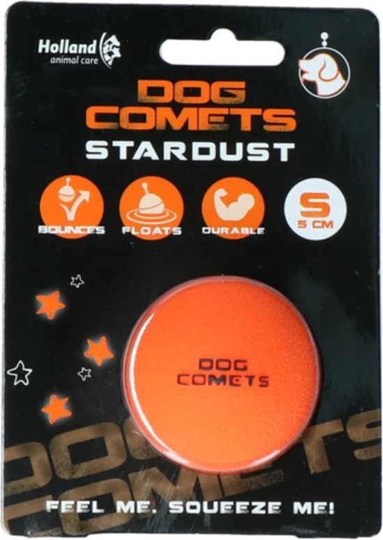 Een verpakking voor een oranje Dog Comets Stardust bal, maat S, 5 cm. Iconen voor stuiteren, drijven en duurzaamheid.