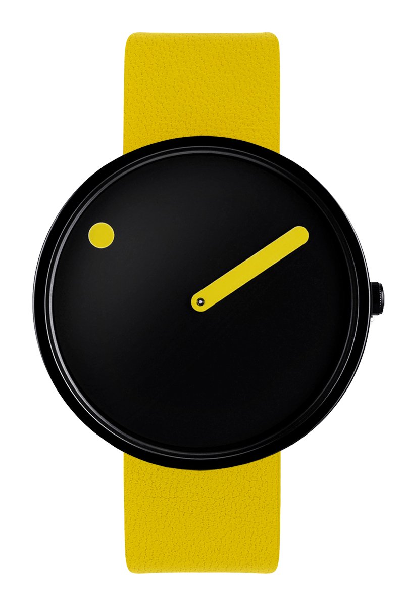 Picto Design Horloge Zwarte Wijzerplaat, Kanarie Gele Lederen Horlogeband 43388-6120B - Uniseks - 40mm