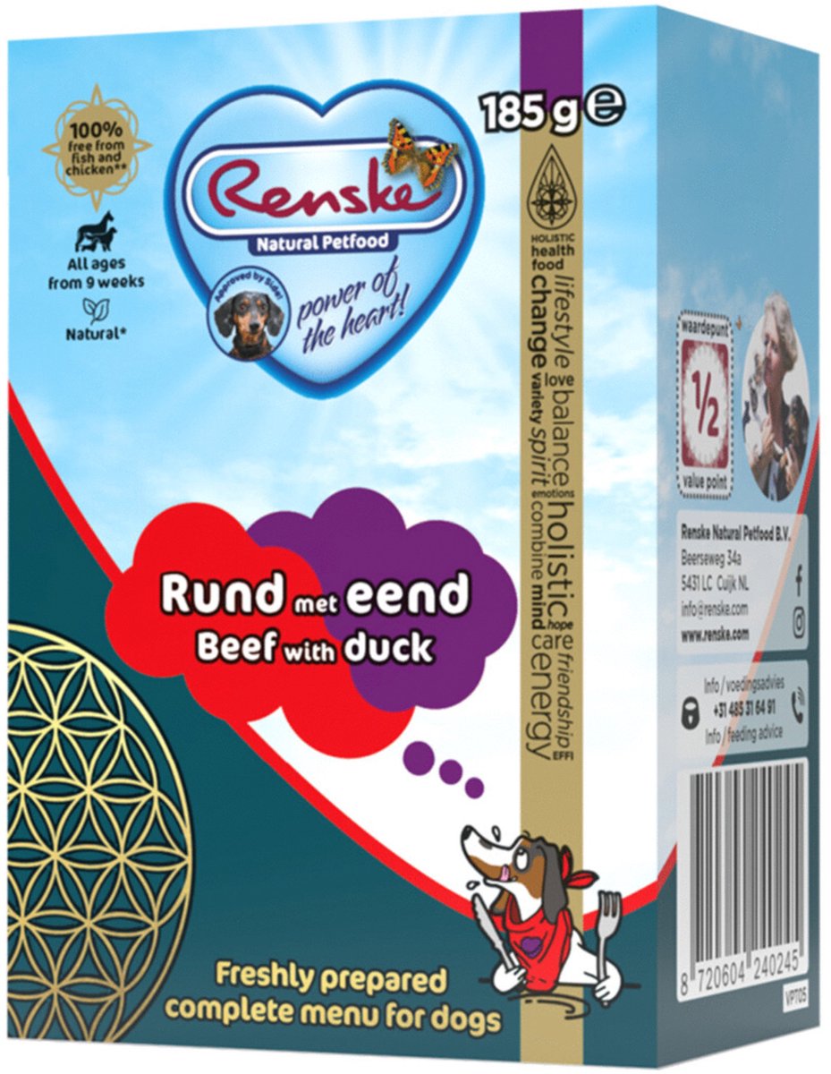 Renske vers bereid rund met eend natvoer hond (tetra) 24 x 185 g