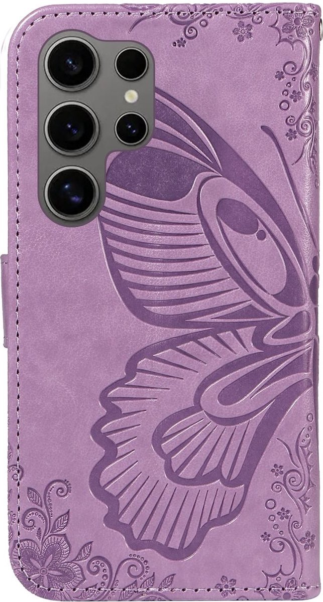 Mobigear Telefoonhoesje geschikt voor Samsung Galaxy S25 Ultra Hoesje | Mobigear Butterfly Bookcase Portemonnee | Pasjeshouder voor 2 Pasjes | Telefoonhoesje voor Pinpas / OV Kaart / Rijbewijs - Paars