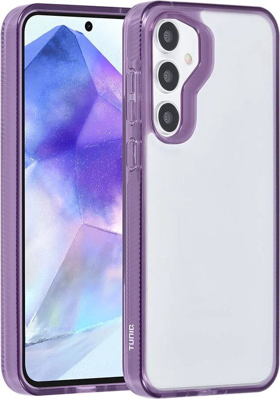 Coque de téléphone violette transparente, partiellement avec téléphone inséré, partiellement le dos de la coque.