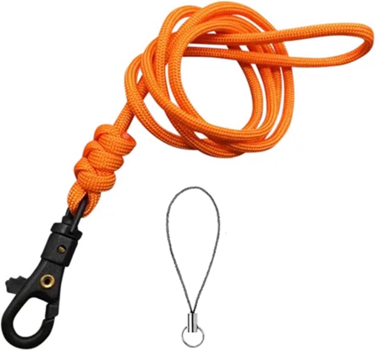 Travel Cords - keycord geknoopt oranje - paracord - zwarte karabijnhaak - sleutels en telefoon - lanyard - met telefooncord - sleutelkoord