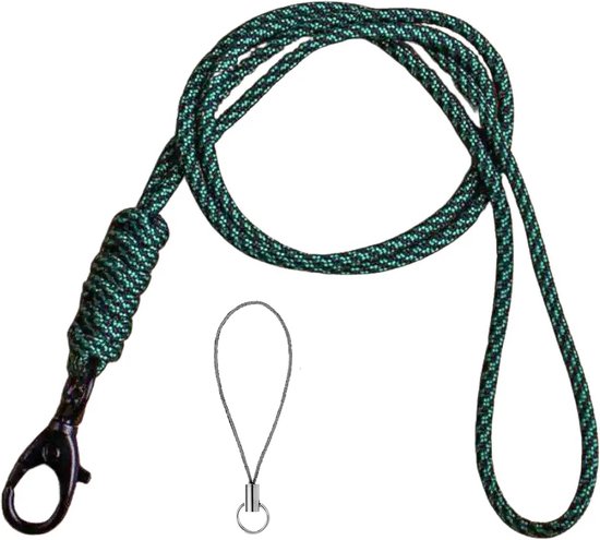 Foto: Travel cords keycord geknoopt donkergroen zwart paracord zwarte karabijnhaak sleutels en telefoon lanyard met telefooncord sleutelkoord