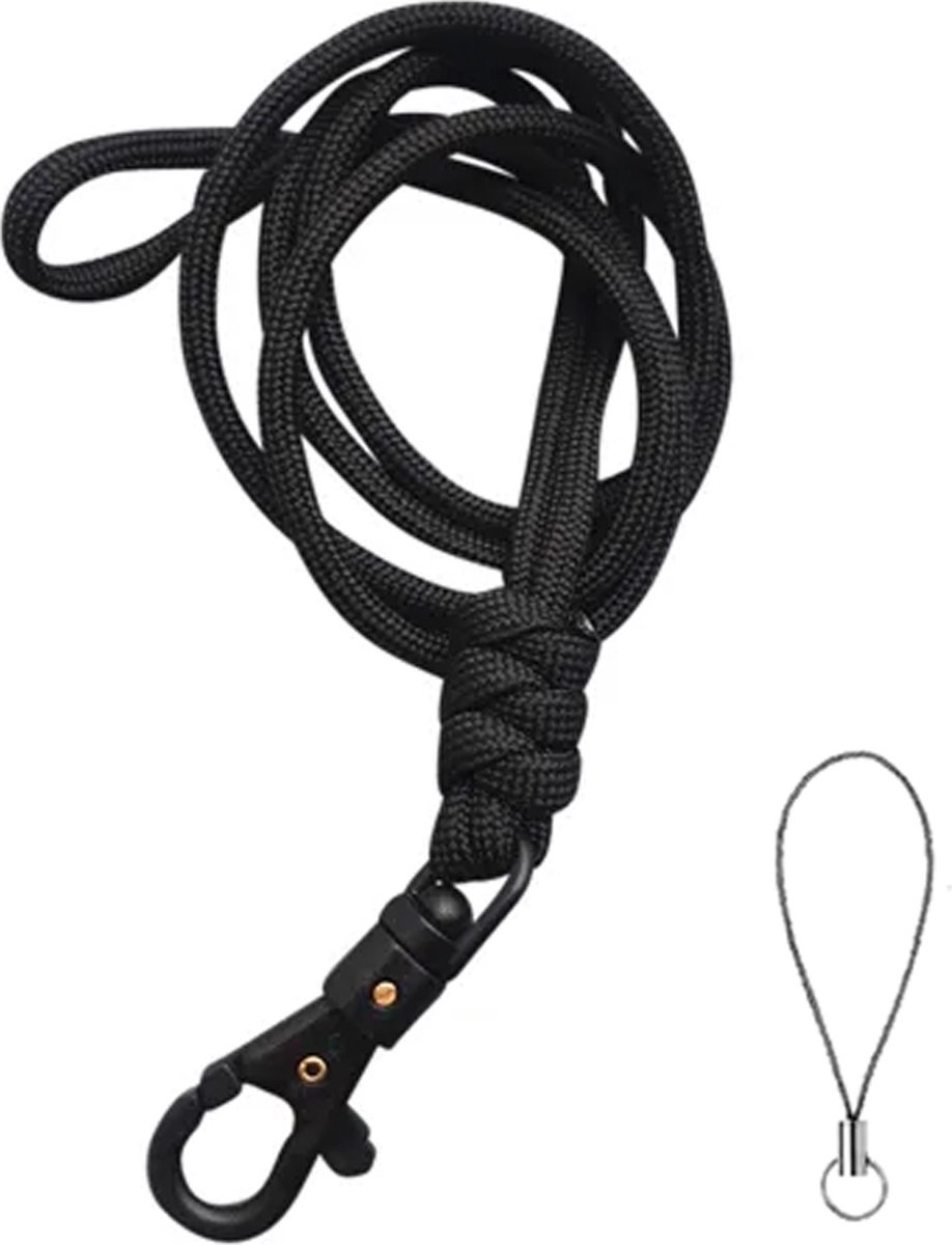 Travel Cords - keycord geknoopt zwart - paracord - zwarte karabijnhaak - sleutels en telefoon - lanyard - met telefooncord - sleutelkoord