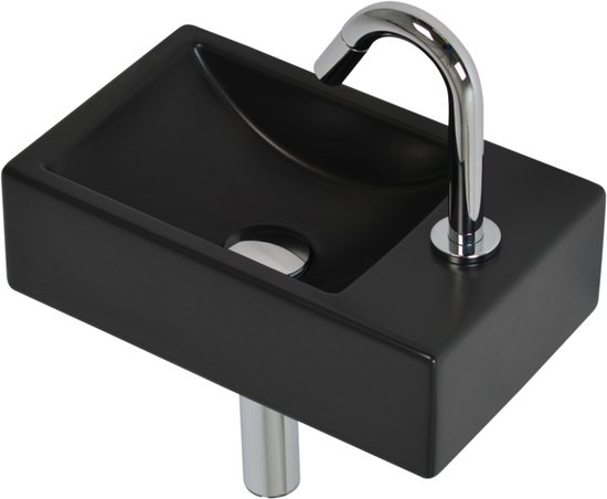 Lavoir noir en céramique avec robinet chromé, 37 x 23 x 11 cm.