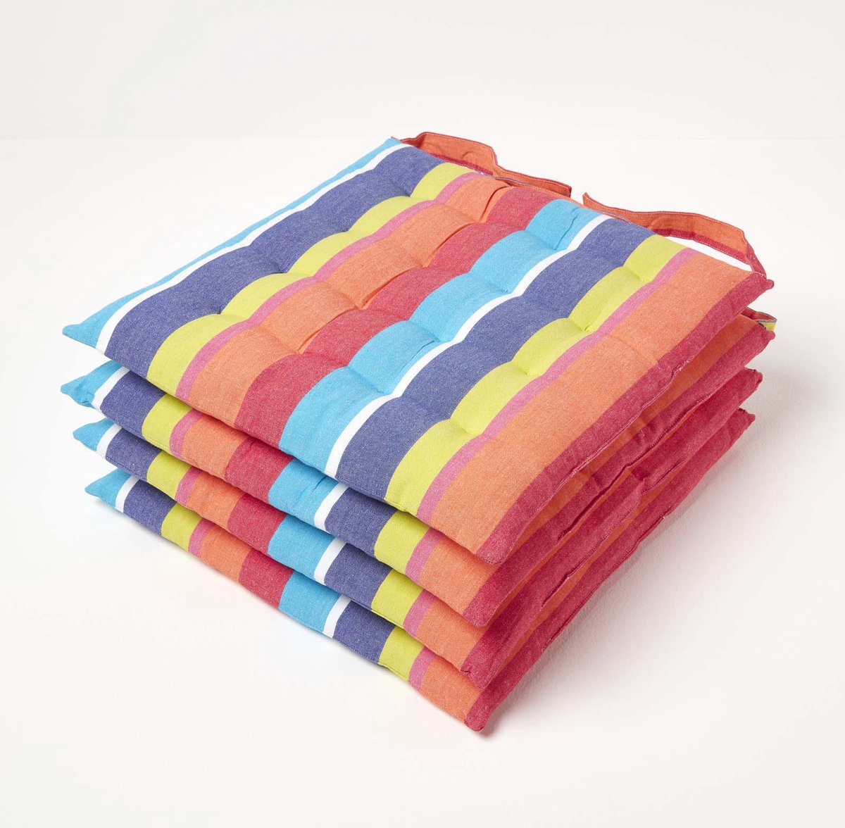 Homescapes 100% katoenen gestreept zitkussen, kleurrijk, set van 4 Veelkleurig