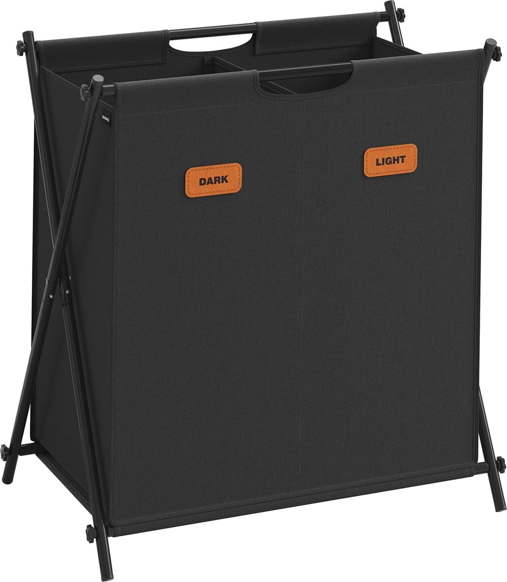 FurnStar - Wasmand - wasverzamelaar - 115 liter - wasbox - 2 vakken - inklapbaar X-frame - individuele etiketten - voor bijkeuken - slaapkamer - badkamer - 60 x 40 x 66 cm - Inktzwart