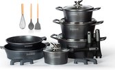Royalty Line® ES1014 Inductie Pannenset - 17 Delige Pannensets - Met Afneembare Handvaten - Ovenbestendig - Pannen Voor Alle Warmtebronnen - Antiaanbaklaag - Zilver