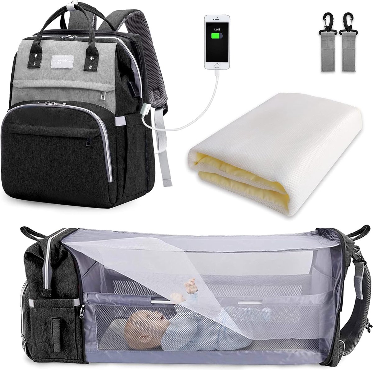 Goedkoopste Luiertas Rugzak - Grote Capaciteit Luiertas - Draagbare Reis Luiertas met Opvouwbaar Bed - Babybed Rugzak - Zwart & Grijs