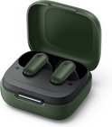 Open groene oplaadcase met twee groene oordopjes, de oordopjes hebben zwarte uiteinden.