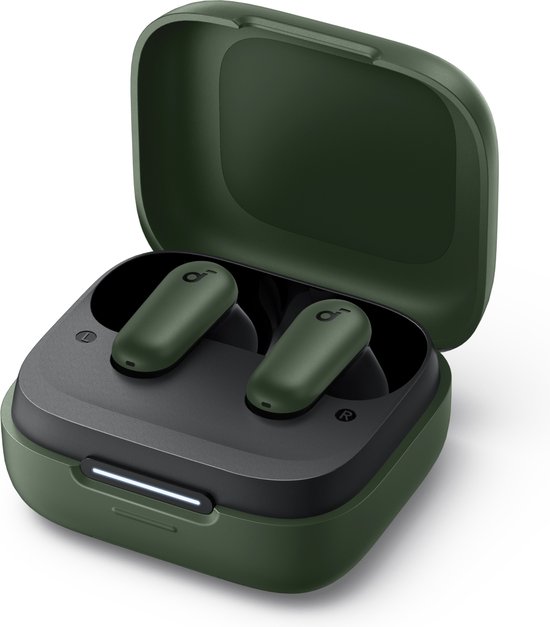 Open groene oplaadcase met twee groene oordopjes, de oordopjes hebben zwarte uiteinden.