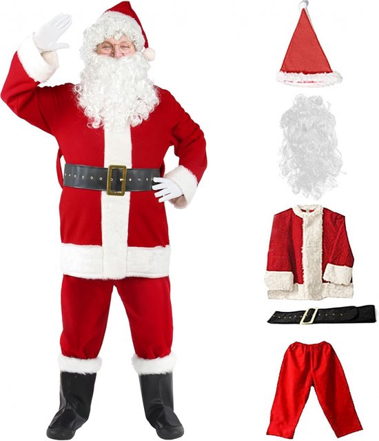 Kerstman Kostuum - Kerstman Pak - 5-Delig - Verkleedkleding - Rood/Wit - Met baard - voor heren met muts, baard, riem en handschoenen