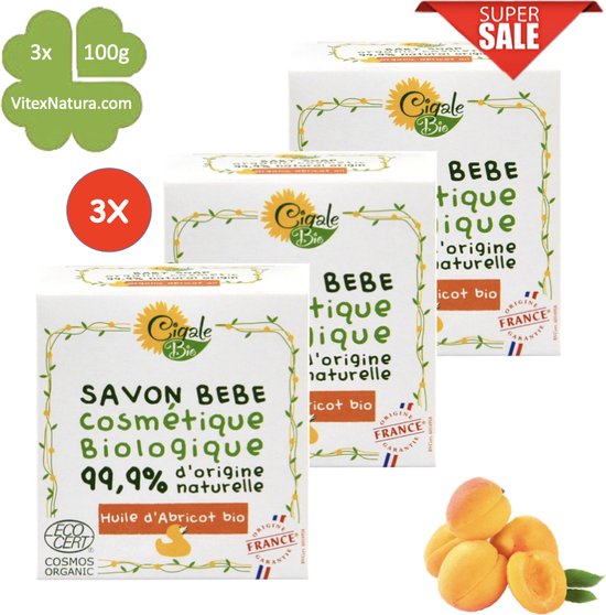 Baby zeep met abrikozen olie - 3x100g - Biologisch Hypoallergeen - Voor de gevoelige huid - Verlichtend voor eczeem - Cigale bio van $ — afbeelding 3