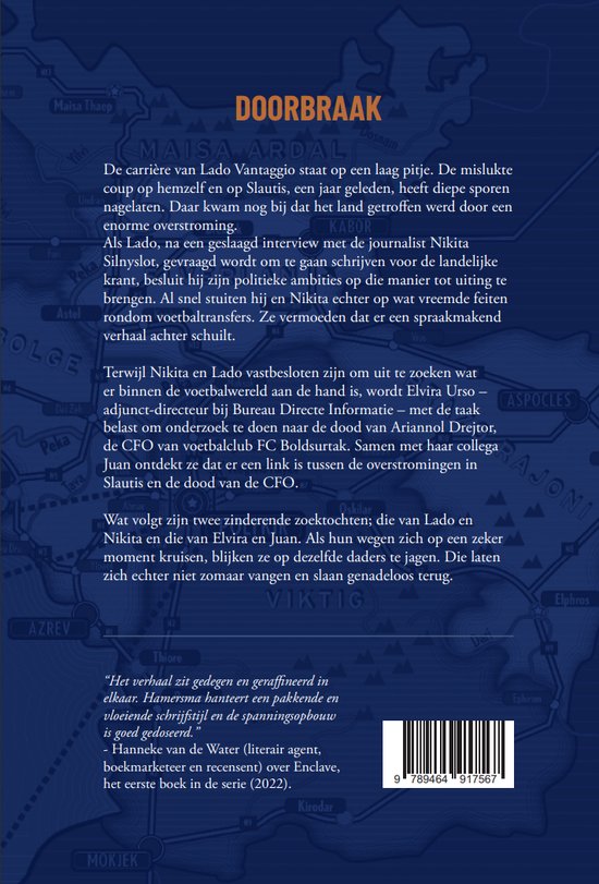 Achterkant boekcover met de titel "DOORBRAAK". Kaart met plaatsnamen, een barcode en tekst.