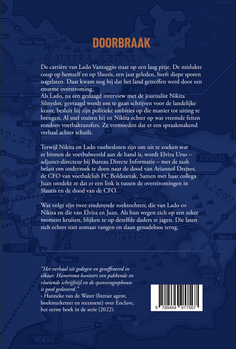 Achterkant boekcover met de titel "DOORBRAAK". Kaart met plaatsnamen, een barcode en tekst.