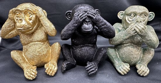 Figurines de singes "n'entends, ne vois et ne parle pas de mal" - mélange de couleurs - or/noir/vert métallisé - lot de 3 - 13 cm de haut - polyrésine - statues décoratives - accessoires pour la maison
