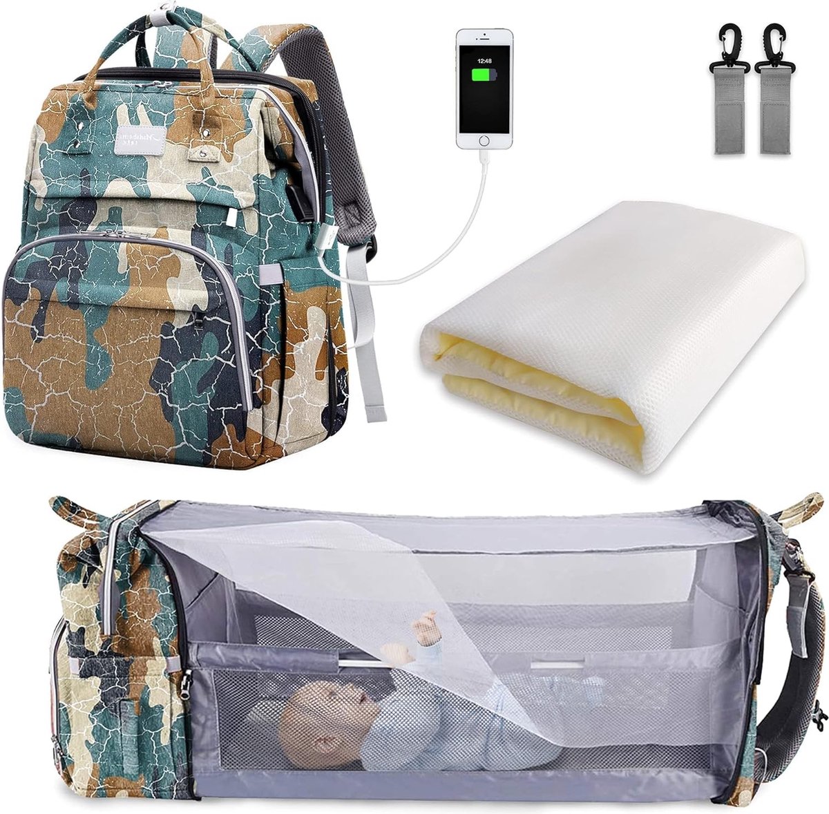 Goedkoopste Luiertas Rugzak met Grote Capaciteit - Draagbare Reis Luiertas met Opvouwbaar Babybed - Multifunctionele Luiertas Rugzak met Babybed - Woestijn Camouflage