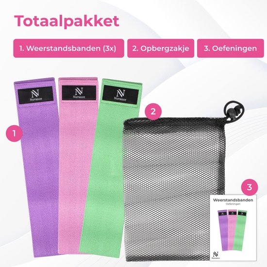 Totaalpakket Nuvance: drie weerstandsbanden (paars, roze, groen), opbergzakje en oefeningen-eBook.