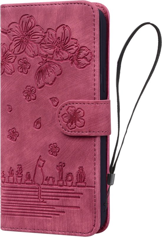 BookCover Cover Case adapté pour Samsung Galaxy A16 - Rouge - Fleurs Chat - En Relief