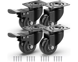 GBL Zwaarlast Zwenkwielen met 2 Remmen + Schroeven - 50 mm tot 200 KG - 4 stuks Geen Vloersporen Meubel Wielen voor Meubelen - Rubberen Trolley Wielen - Zwart