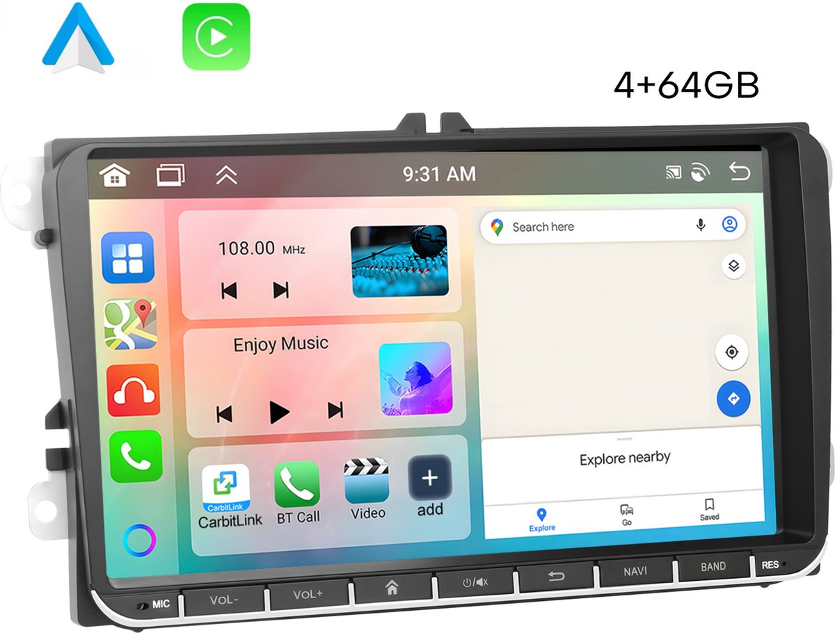 Boscer Autoradio - Geschikt voor Volkswagen, Skoda & Seat - Apple Carplay & Android Auto - Android 15 - 4+64GB - 9 Inch HD Touchscreen - Bluetooth, USB, WiFi & MP5 - Navigatiesysteem - Achteruitrijcamera & Microfoon