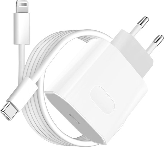 Witte USB-C oplader met een witte USB-C naar Lightning oplaadkabel.