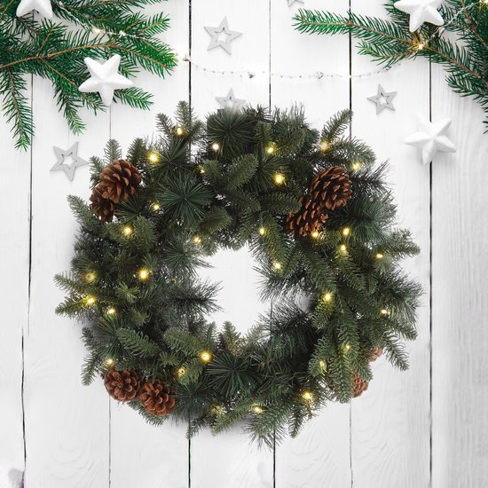 Meisterhome Kerstkrans van 60 cm - Inclusief Ophangbeugel en 50 Warmwitte LED's - Timer - Dennenappels - Kerstkrans met verlichting
