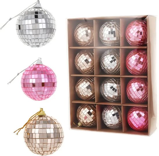 MGM Trading - 12 boules disco colorées de 6 cm - Balles de Décoration Fête sapin de Noël - Geen plumes - Convient pour Noël, Halloween, Pasen, Thanksgiving et plus encore - Matériau en Glas et mousse - Geen électricité requise