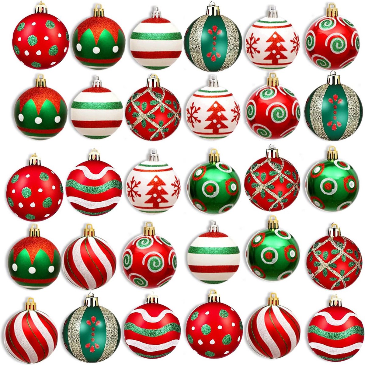 oCreon Kerstballen Set 30 Stuks - 10 Designs - 60 mm - Onbreekbaar - Rood - Groen en Wit voor Kerstboom