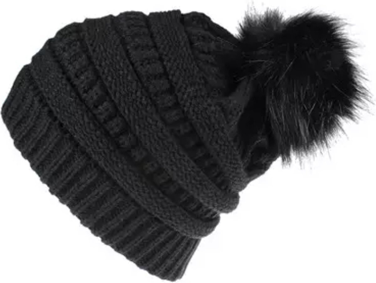 ASTRADAVI Pom Beanie Hat - Dames Pompon Muts - Warme Winter Mutsen - Zwart