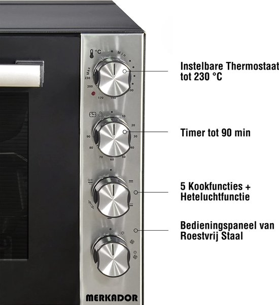 Merkador XXL Vrijstaande Oven - 70 Liter - 2000 Watt - Hetelucht - Rotisserie (Draaispit) - Eenvoudig Te Reinigen Granietcoating