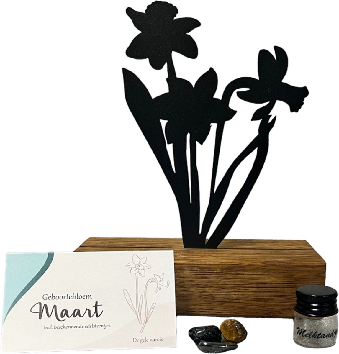 Goedkoopste Kraam cadeau - geboorte bloem beeld- Maart- Narcis - mét tandendoosje / potje / haarlokpotje en beschermende edelsteentjes - metaal in houten sokkel - uniek design