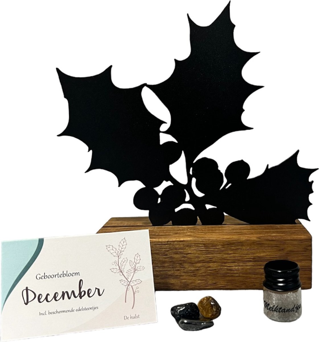 Goedkoopste Kraamcadeau - geboortebloem beeld- DECEMBER - de Hulst - mét tandendoosje / potje / haarlokpotje en beschermende edelsteentjes - metaal in houten sokkel - baby cadeau - babyshower cadeau