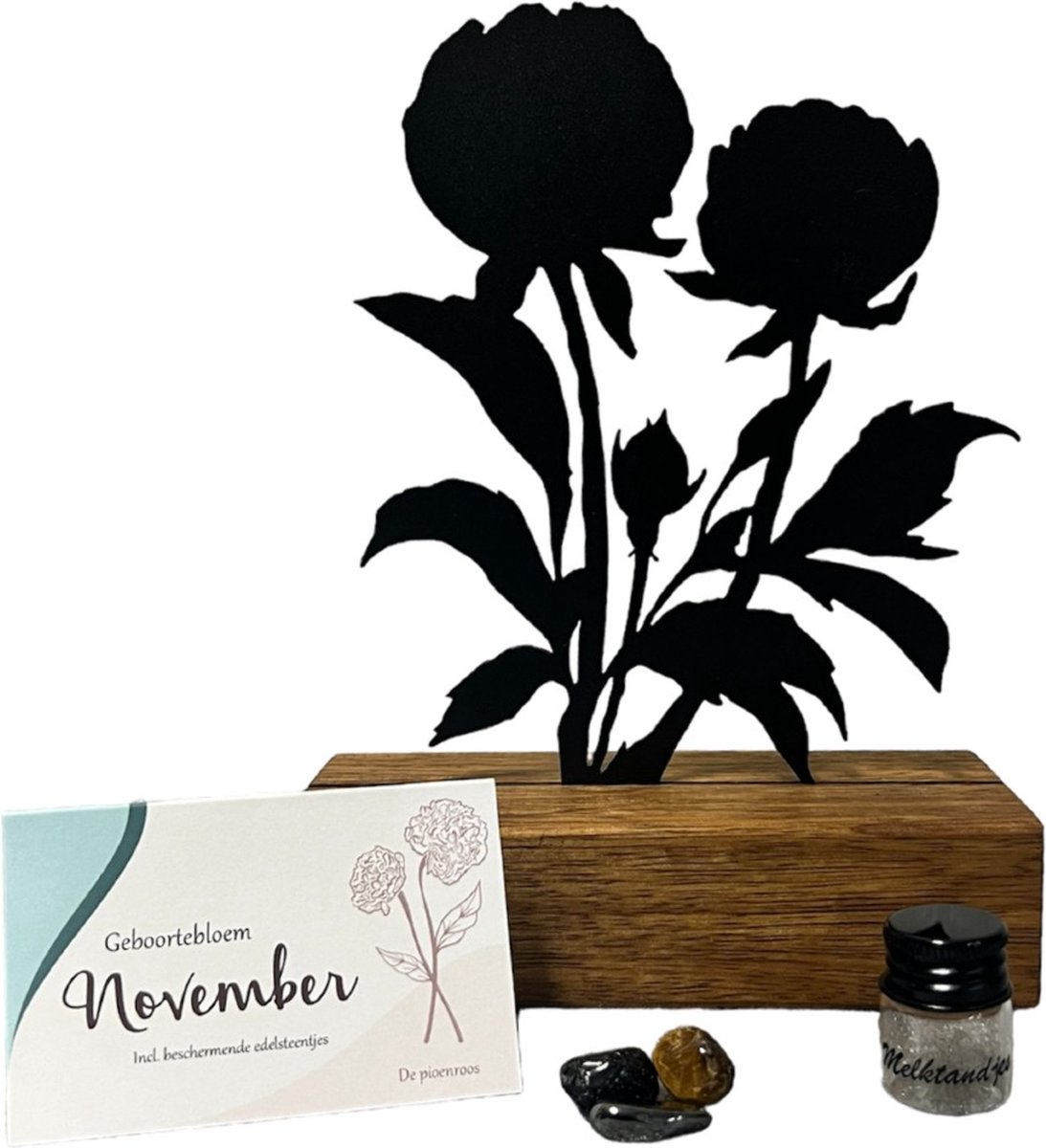 Goedkoopste Kraamcadeau - geboortebloem beeld- NOVEMBER - Pioenroos - mét tandendoosje / potje / haarlokpotje en beschermende edelsteentjes - metaal in houten sokkel - baby cadeau - babyshower cadeau