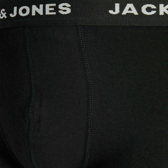 Close-up van de naden en de witte Jack & Jones-band van een zwarte boxershort.