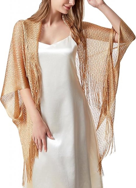 Sjaal Dames - Sjaals - Sjaal met franje - Omslagdoek - Stola - omslagdoeken - goud met Franjes - elegante - Lichte - strandlaken - voor Avondjurk, Urban, avondkleding - 160*45cm