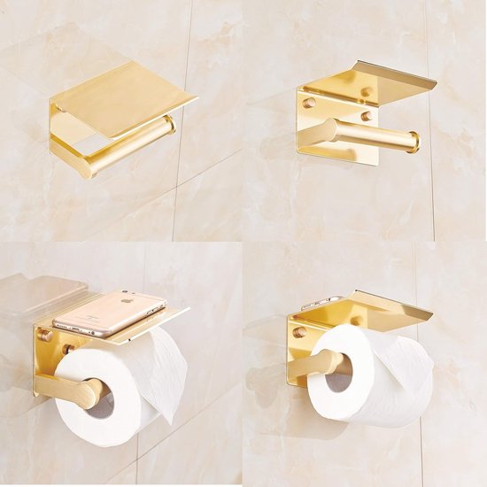 WOMAO Toiletpapierhouder met plank, goud, inbouw, wandmontage, wc-rolhouder, geborsteld roostervaste staal, met boren, mobiele telefoonhouder