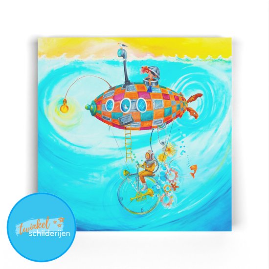 Wanddecoratie kinderkamer kinderen - Watertrappelen met Ferdy - Canvas wanddecoratie kinderkamer en muurdecoratie 30x30cm - Schilderij jongenskamer | Incl. GRATIS opvangsysteem |