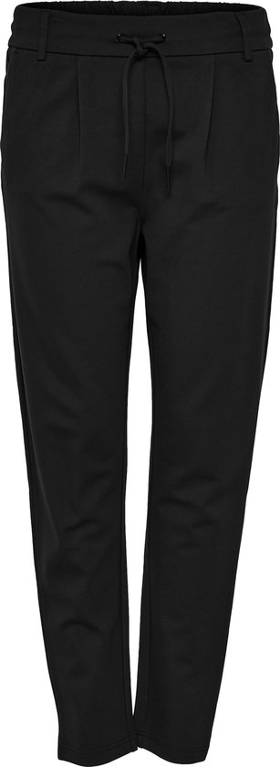Zwarte chino broek met ceintuur met tunnelkoord, plooien en steekzakken, van voren gezien.