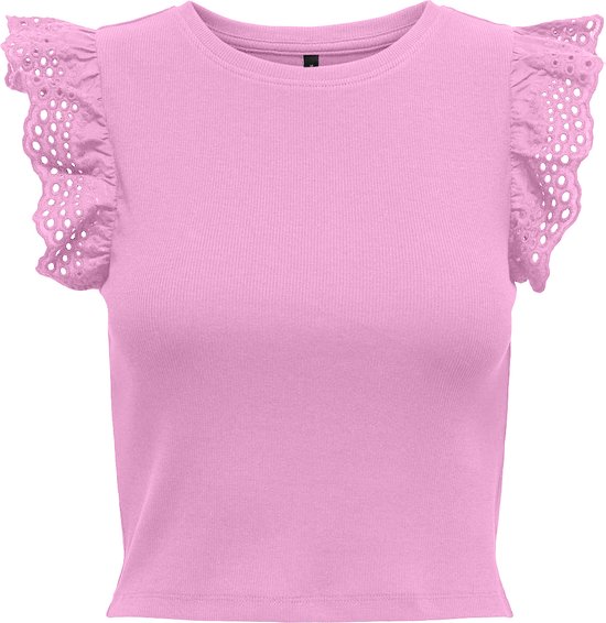 Roze geribd T-shirt met korte, opengewerkte ruchesmouwen.