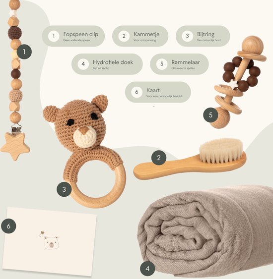 Love Nest Kraamcadeau Jongen / Meisje - Baby Cadeau Babyshower - Baby Bijtring, Speenkoord en Knuffeldoekje - Kraammand met Kraamcadeautjes van Love Nest — afbeelding 4