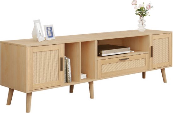 TV-meubel van 175 cm met rotan schuifdeur, walnoot afwerking, lades en kast (175x38x45cm