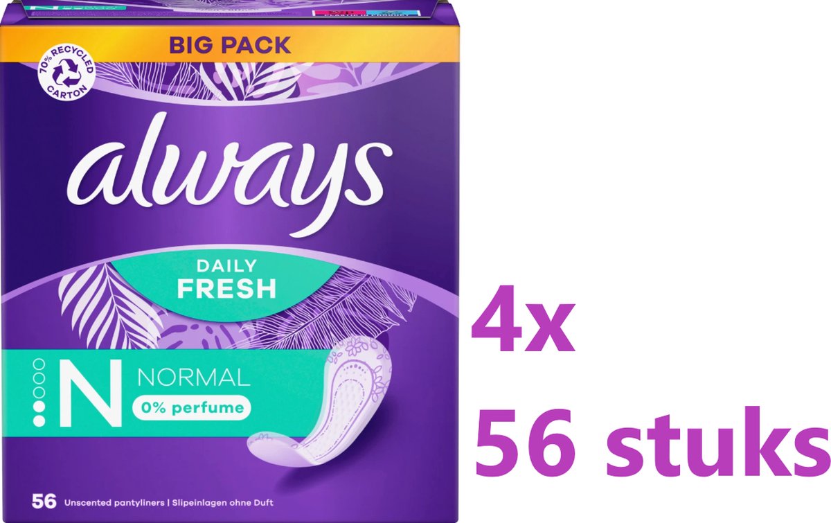 Always Daily Fresh - Inlegkruisjes - Normal - 0% Parfum - 4 X 56 stuks - Voordeelverpakking